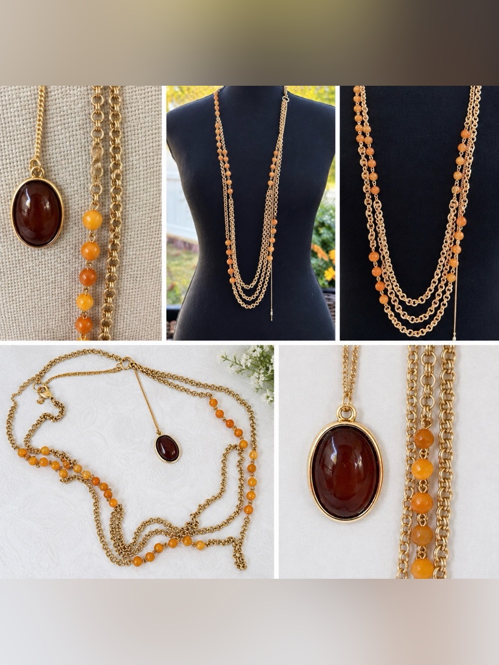 Layered Orange Bead Goldtone Chain Statement Necklace Pendant 19.5" Drop NEW